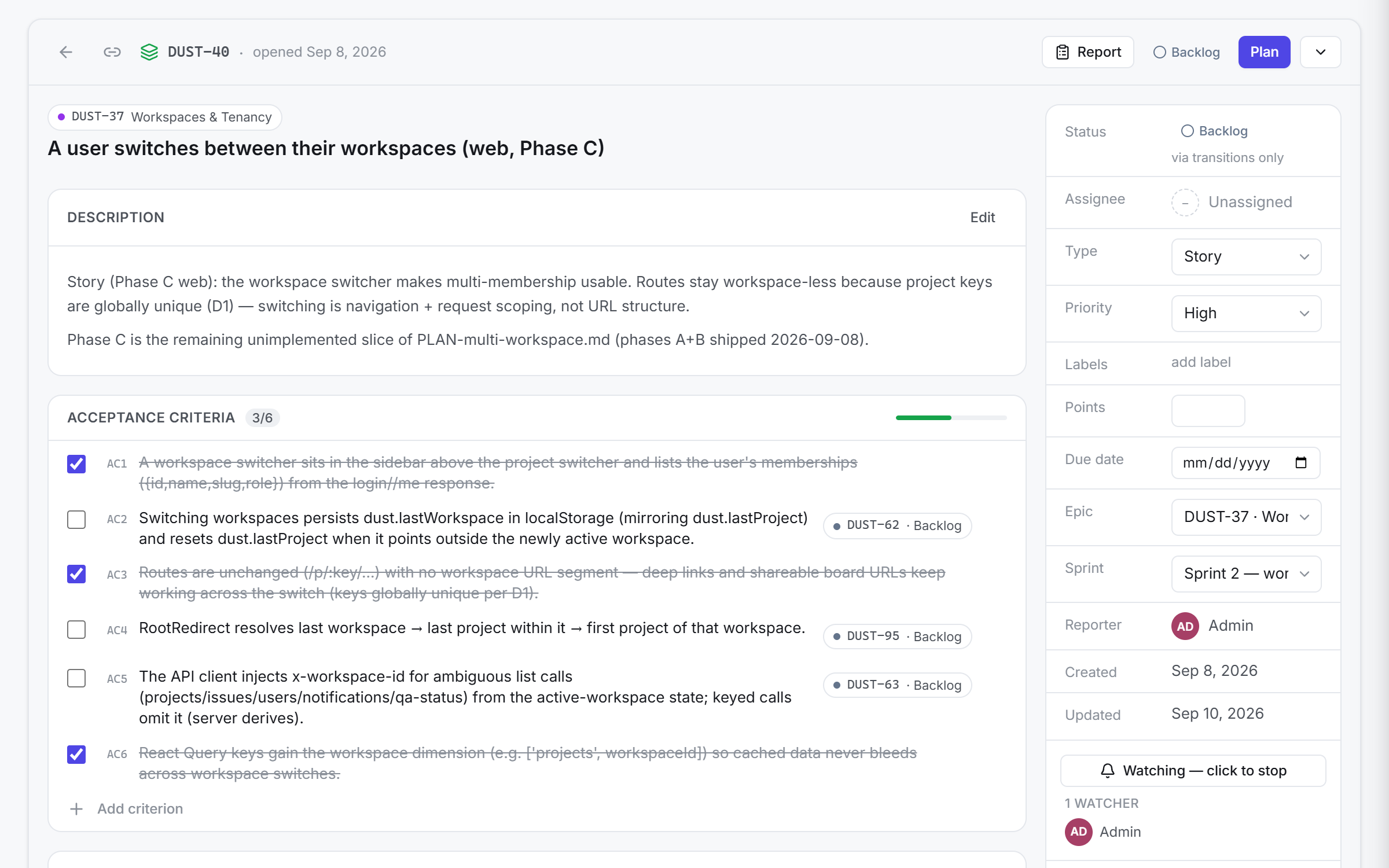 An issue open in Dust: its acceptance criteria with their verification state, and the finding filed against one of them